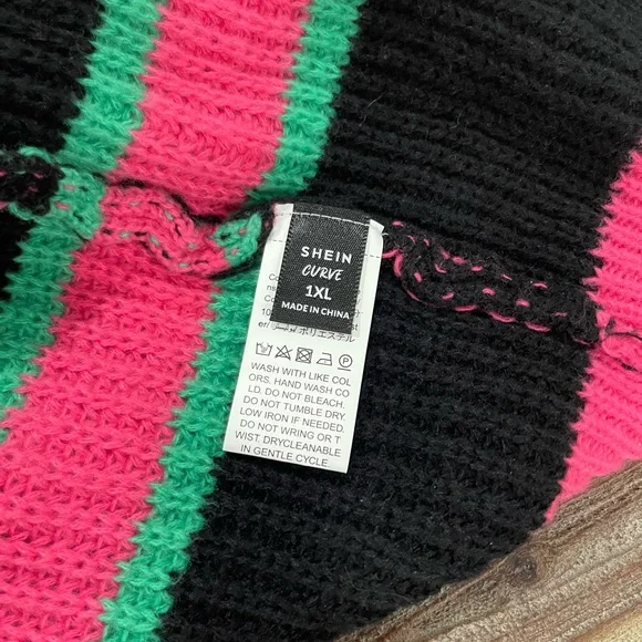 Striped Black, Pink, and Mint Green Women's Sweater Cardigan - Picture 3 of 5